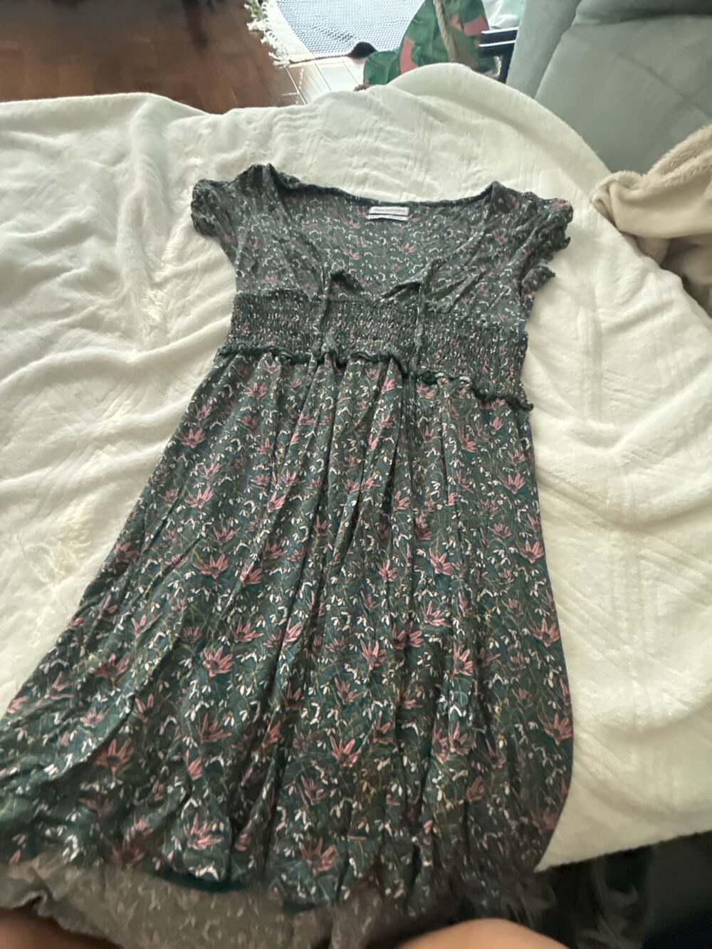 Urban Outfitters Green Floral Print Smocked Mini Dress